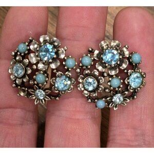 Vtg Lisner Earrings Signed Screw Back Blue Rhinestone Faux Pearl As Is
